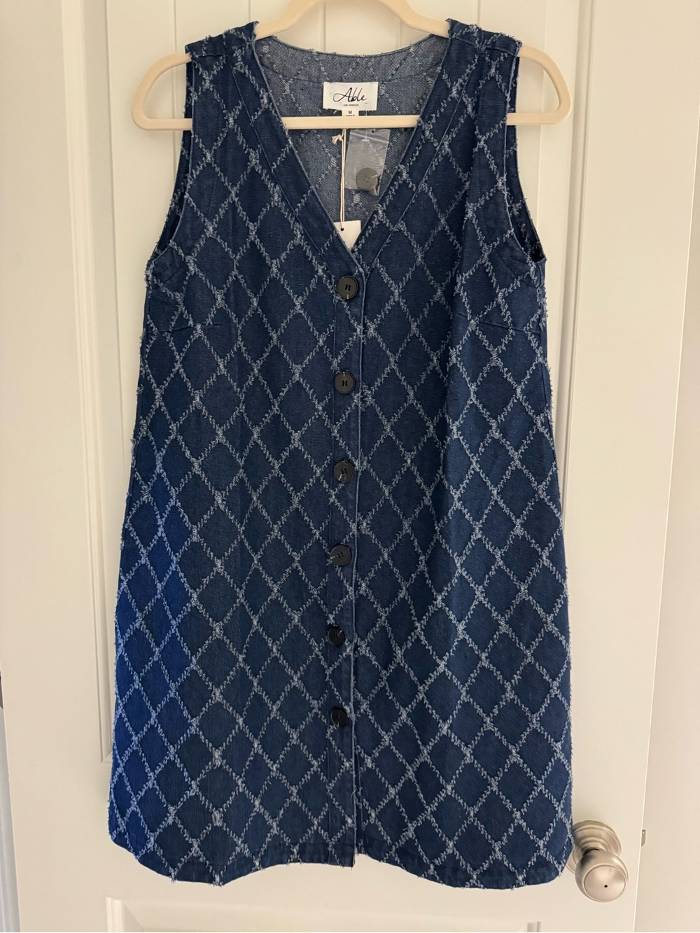 Able Los Angeles Dark Denim Sleeveless Button-Front Shift Dress NWT Retail $74